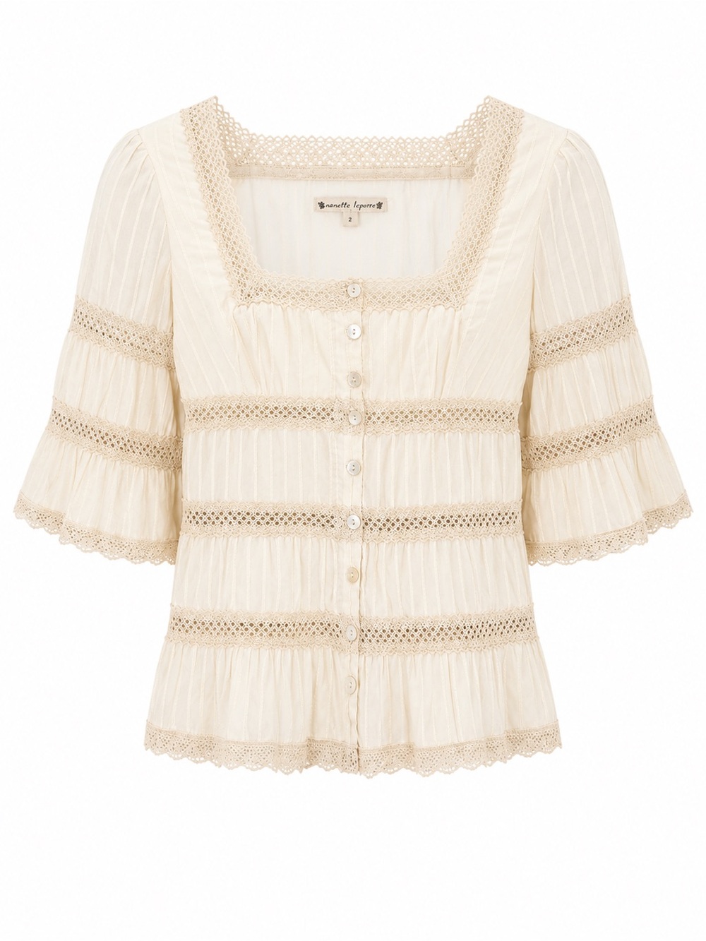 Nanette Lepore Cream Lace Trimmed Button-Front Blouse With Bell Sleeves Size 2